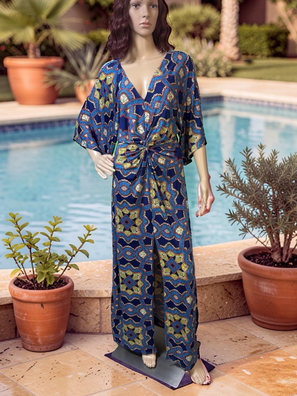 Janette EUC Sz S Fun Colorful Patterned Maxi Kimono Dress & Flare Sleeves 0765